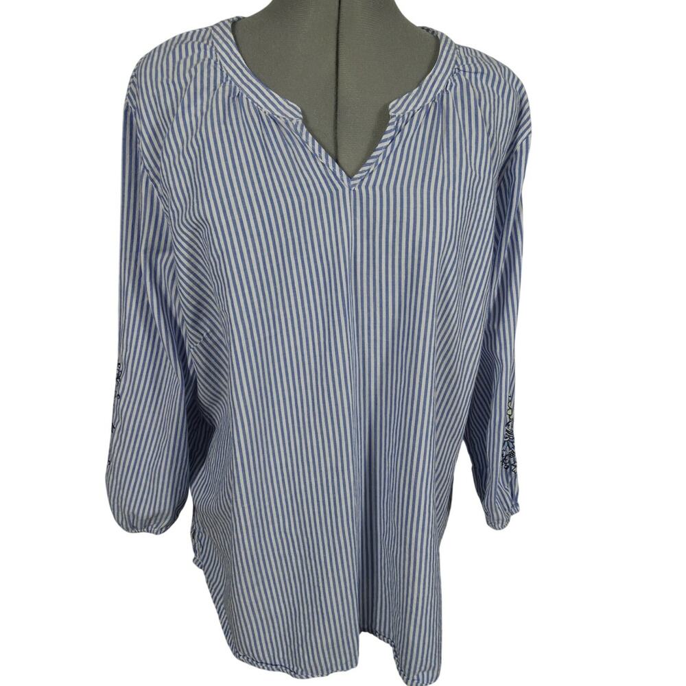 Basic Editions Women's XXL Blouse Embroidered 3/4 Sleeves Nautical Cotton